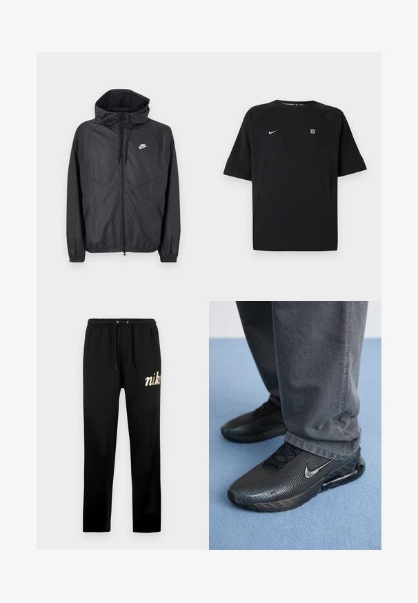 Sort Nike windbreakerjakke med hætte, lynlås foran, snoretræk, elastiske manchetter og hvidt logo på venstre bryst.; Sort Nike sportstrøje med korte ærmer med hvid swoosh-logo på venstre bryst og lille firkantet emblem på højre bryst, ensfarvet baggrund.; Sorte joggingbukser lavet af blødt stof, med elastisk talje med snore, tilspidsede ben og et gyldent broderet "nike"-logo.; Sorte Nike træningssko med en struktureret overdel, perforerede detaljer og en synlig luftdæmpningsenhed, parret med grå bukser.