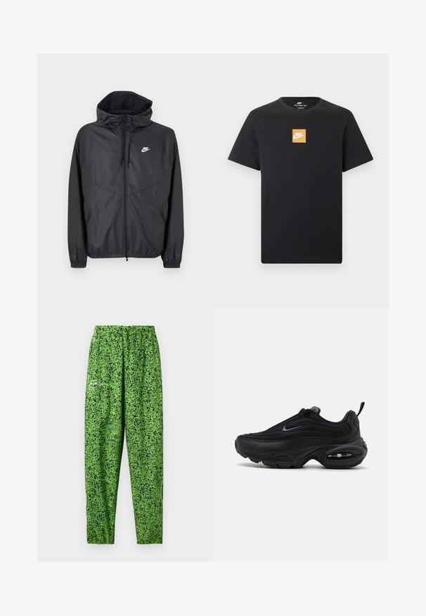 Chaqueta cortavientos negra de Nike con capucha, cremallera frontal, cordones, puños elásticos y logo blanco en el pecho izquierdo.; Camiseta negra de manga corta Nike con un pequeño logo cuadrado naranja y el símbolo blanco de Nike centrado en el pecho.; Pantalones verdes hechos de tela ligera, con un patrón de manchas negras, cintura elástica y ajuste relajado.; Zapatilla deportiva negra con un upper suave y texturizado. Presenta una puntera redonda, un collar acolchado y una amortiguación de aire visible en la suela.
