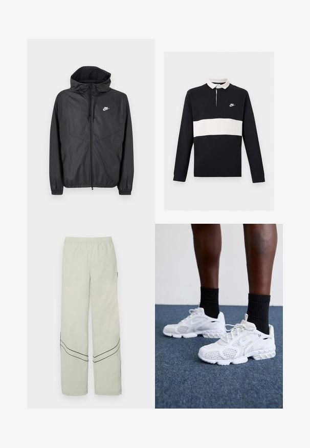 Čierna vetrovka Nike s kapucňou, predným zipsom, sťahovacími šnúrkami, elastickými manžetami a bielym logom na ľavej strane hrudníka.; Čierne rugby polo s dlhým rukávom s bielym horizontálnym pásikom cez hruď, bielym golierom, gombíkovou légou a malým bielym logom Nike na ľavej strane hrudníka.; Svetlozelené voľné nohavice s elastickým pásom, s tmavozelenými diagonálnymi pásmi a jednoduchým dizajnom. Hladká, ľahká látka.; Biele športové topánky s priedušnou sieťovinou, textúrovanými akcentmi a polstrovanou podrážkou. Kombinované s čiernymi rebrovanými členkovými ponožkami na modrom kobercovom povrchu.