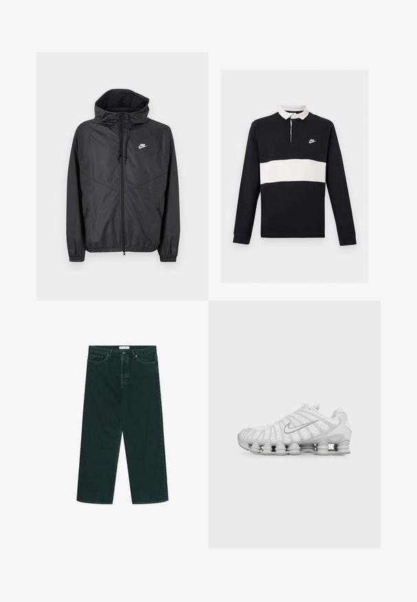 Zwarte Nike windbreaker jas met capuchon, ritssluiting aan de voorkant, trekkoorden, elastische manchetten en wit logo op de linkerborst.; Zwart rugby polo met lange mouwen, een witte horizontale streep over de borst, een witte kraag, knopenlijst en een klein wit Nike-logo op de linkerborst.; Donkergroene spijkerbroek met wijdere pijpen, voorzien van een knoop- en ritsclosure, voorzakken en riemlussen, plat gelegd op een witte achtergrond.; Witte Nike hardloopschoen met zichtbare luchtdempende zool en zilveren swoosh-logo aan de zijkant, gezien vanaf de buitenkant.