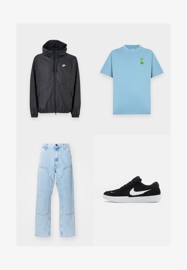 Čierna vetrovka Nike s kapucňou, predným zipsom, sťahovacími šnúrkami, elastickými manžetami a bielym logom na ľavej strane hrudníka.; Svetlomodré bavlnené tričko s okrúhlym výstrihom a krátkymi rukávmi, s zelenou kartúnovou nášivkou na ľavej strane hrudníka.; Svetlomodré džíny s rovnými nohavicami, veľkými prednými vreckami a kontrastným šitím. Tkanina má vyblednutú, jemnú textúru.; Čierne semišové tenisky s bielymi akcentmi, so zaoblenou špičkou, hrubou bielou podrážkou a čiernymi šnúrkami. Výrazné biele logo Nike na boku.