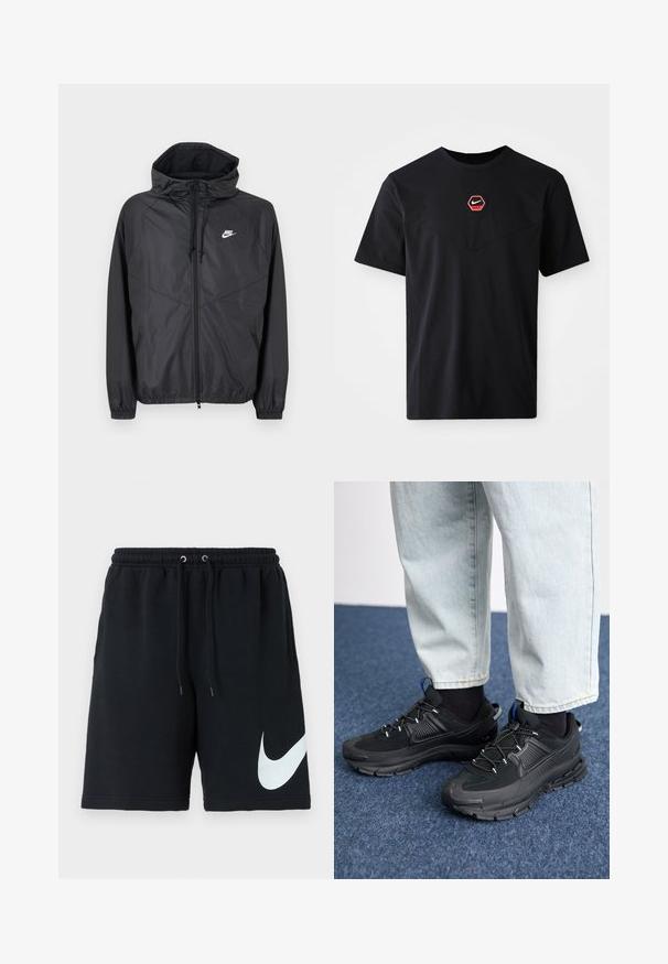Čierna vetrovka Nike s kapucňou, predným zipsom, sťahovacími šnúrkami, elastickými manžetami a bielym logom na ľavej strane hrudníka.; Čierne tričko s krátkym rukávom z bavlny, s červeno-bielym šesťuholníkovým logom Nike na hrudi a zaobleným výstrihom.; Čierne bavlnené šortky s elastickým pásom, šnúrkou, bočnými vreckami a veľkým bielym logom Nike potlačeným na ľavej strane.; Čierne športové topánky s textúrovanou tkaninou a gumovou podrážkou, so elastickými šnúrkami a modrým akcentom na päte. Nosia sa s svetlými riflami.