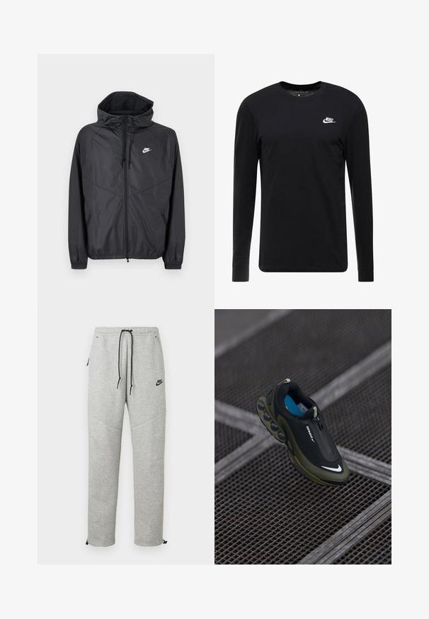Zwarte Nike windbreaker jas met capuchon, ritssluiting aan de voorkant, trekkoorden, elastische manchetten en wit logo op de linkerborst.; Zwart langemouwen T-shirt van katoen, met een ronde hals, ribgebreide manchetten en een klein wit Nike-logo op de borst.; Grijze Nike trainingsbroek met een verstelbare tailleband, zijzakken en elastische boorden. Heeft een soepele textuur en contrasterende zwarte logo-details.; Zwarte en olijfgroene Nike Air Max-schoen met een gladde bovenkant, ritssluiting en onderscheidende luchtkussens op de zool. Blauwe binnenzool zichtbaar.