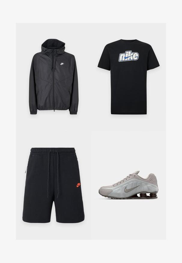 Sort Nike windbreakerjakke med hætte, lynlås foran, snoretræk, elastiske manchetter og hvidt logo på venstre bryst.; Sort T-shirt med korte ærmer og en stor hvid og blå Nike-logo og swoosh centreret på brystet.; Sorte Nike-shorts med elastisk talje, snøre, sidelommer og lille orange Nike-logo på venstre lår.; Nike løbesko i lysegrå med en glat tekstur, buet design og synlige støddæmpningsfjeder i mørkebrun ved hælen.