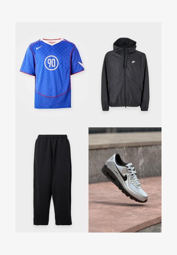 Sort Nike windbreakerjakke med hætte, lynlås foran, snoretræk, elastiske manchetter og hvidt logo på venstre bryst.; Blå Nike fodboldtrøje med ternet mønster, korte ærmer, v-hals design, hvide accenter og et centralt cirkulært "90" grafik.; Sorte joggingbukser lavet af blødt stof med elastisk taljebånd, vidde ben og sidelommer med diskrete blå detaljer.; Hvid og grå Nike Air Max sneaker med sort sål og logo, vist i luften over en stensål med en grå væg i baggrunden.