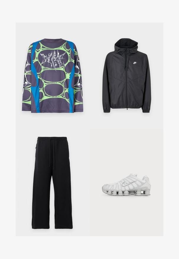 Μαύρο αδιάβροχο μπουφάν Nike με κουκούλα, εμπρόσθιο φερμουάρ, κορδόνια ρύθμισης, ελαστικά μανίκια και λευκό λογότυπο στο αριστερό στήθος.; Πουκάμισο με μακριά μανίκια από απαλό ύφασμα, με βάση σκούρου γκρι, πράσινα σχέδια που μοιάζουν με φυσαλίδες και μπλε λεπτομέρειες. Το εμπρός μέρος διαθέτει λευκό γραφικό με στυλιζαρισμένο σχέδιο.; Μαύρες φόρμες από μαλακό ύφασμα, με κορδόνι στη μέση, φαρδιά γραμμή και πλαϊνές τσέπες με λεία υφή.; Λευκό αθλητικό παπούτσι Nike με ορατή αεριζόμενη σόλα και ασημένιο λογότυπο Swoosh στο πλάι, απεικονιζόμενο από την εξωτερική πλευρά.