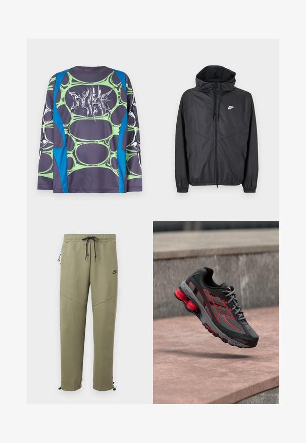 Μαύρο αδιάβροχο μπουφάν Nike με κουκούλα, εμπρόσθιο φερμουάρ, κορδόνια ρύθμισης, ελαστικά μανίκια και λευκό λογότυπο στο αριστερό στήθος.; Πουκάμισο με μακριά μανίκια από απαλό ύφασμα, με βάση σκούρου γκρι, πράσινα σχέδια που μοιάζουν με φυσαλίδες και μπλε λεπτομέρειες. Το εμπρός μέρος διαθέτει λευκό γραφικό με στυλιζαρισμένο σχέδιο.; Ελιά πρασινωπό παντελόνι φόρμας Nike με μαύρα κορδόνια, φερμουάρ στην πλαϊνή τσέπη, ένθετα στα γόνατα και ρυθμιζόμενους δεσμούς στον αστράγαλο.; Μαύρο και γκρι αθλητικό παπούτσι με κόκκινες λεπτομέρειες, υφασμάτινο επάνω μέρος με υφή και έντονη καμπυλωτή ενίσχυση στη φτέρνα. Διαθέτει περίπλοκα σχεδιαστικά στοιχεία.