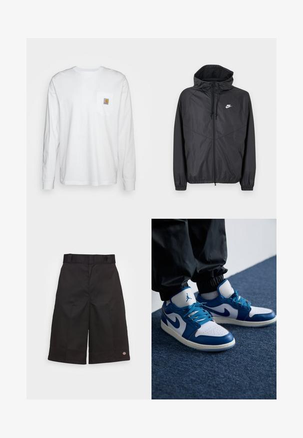 Chaqueta cortavientos negra de Nike con capucha, cremallera frontal, cordones, puños elásticos y logo blanco en el pecho izquierdo.; Camisa blanca de manga larga hecha de algodón, con un bolsillo en el pecho que lleva un parche de logo cuadrado. Diseño sencillo con escote redondeado y mangas con puños.; Bermudas de algodón negras de corte recto, hasta la rodilla, con un logotipo visible en el dobladillo y una textura suave.; Las zapatillas Nike Air Jordan cuentan con una base de cuero blanco con acentos sintéticos azules, una caja de dedos perforada y cordones azules.