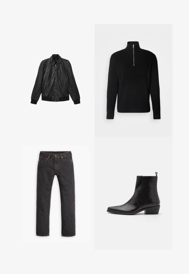 Sort læderjakke med frontlynlås, to lodrette lommer, ribbede manchetter og kant samt en klassisk krave.; Lindbergh HALF ZIP RIB KNIT - Striktrøje - black; Sorte straight-leg denim jeans med fem lommer, knaplukning og copper nitter liggende fladt på en hvid baggrund.; Zign by Zalando LEATHER - Cowboy- / bikerstøvlette - black