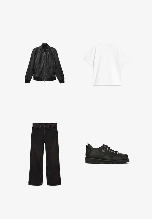 Schwarze Lederjacke mit Frontreißverschluss, zwei vertikalen Taschen, gerippten Bündchen und Saum sowie einem klassischen Kragen.; Weißes Baumwoll-T-Shirt mit rundem Ausschnitt, kurzen Ärmeln und lockerer Passform. Das Design ist schlicht und ohne Muster oder Akzente.; Schwarze Jeans mit geradem Bein, Vorder- und Gesäßtaschen, Gürtelschlaufen, Knopfverschluss und sichtbaren Nähten.; Kazar Studio KS BLAISE - Sportlicher Schnürer - black