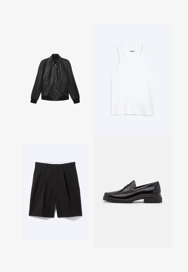 Sort læderjakke med frontlynlås, to lodrette lommer, ribbede manchetter og kant samt en klassisk krave.; Hvid ærmeløs tanktop med rund halsudskæring og Weekday-mærke på den indvendige baghals, vist fladt på lys baggrund.; Sorte skræddersyede knælange shorts med bæltestropper, sidelommer, knaplukning og forreste plisseringer, lagt fladt på en hvid baggrund.; Sorte læder loafers med en rund tå, der har en syet detalje over vristen og en lav blokhæl. Glat tekstur og blank finish.