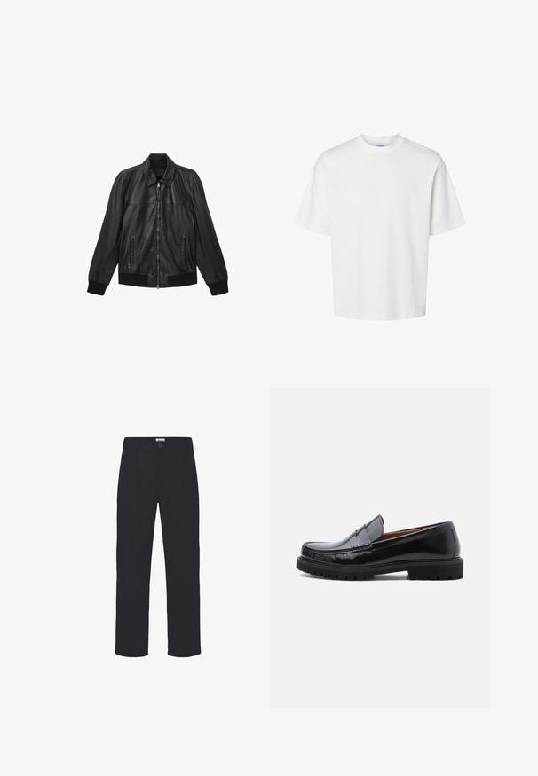 Veste en cuir noir avec fermeture éclair à l'avant, deux poches verticales, poignets et bas côtelés, et un col classique.; T-shirt blanc uni à manches courtes, col rond et coupe décontractée, présenté sur un fond blanc.; Pantalon noir en tissu texturé, présentant une coupe droite, des plis sur le devant et une fermeture à un bouton à la taille.; Mocassin penny en cuir noir avec semelle en caoutchouc épaisse et couture moc toe, montré de profil sur un fond blanc.
