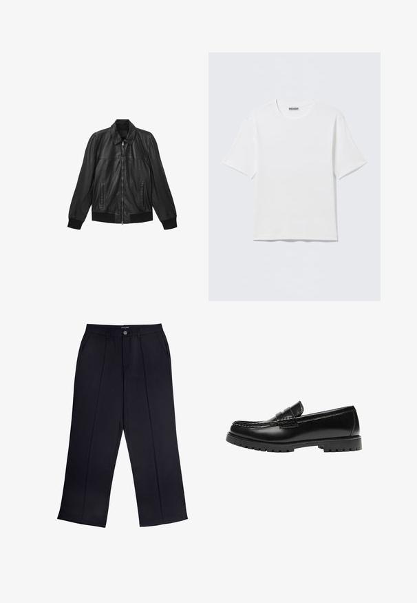 Sort læderjakke med frontlynlås, to lodrette lommer, ribbede manchetter og kant samt en klassisk krave.; Hvid, kortærmet t-shirt med rund hals og et lille "WEEKDAY"-mærke på indersiden af bagkraven, vist på en flad overflade.; Sorte viddebukser lavet af glat stof med lynlås og knaplukning samt forlommer. Bemærkelsesværdige folder ned ad hvert ben.; Sort læderloafer med en kraftig gummisål og klassiske penny-strap detaljer, vist fra ydersiden.