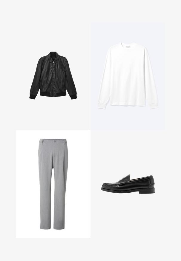 Chaqueta de cuero negra con cremallera frontal, dos bolsillos verticales, puños y dobladillo acanalados, y un cuello clásico.; Camisa blanca lisa de manga larga con cuello redondo y puños acanalados, mostrada sobre un fondo claro y neutro.; Pantalones gris claro de pierna recta con botón y trabillas, mostrados de frente sobre un fondo blanco.; Mocasín penny de cuero negro con puntera mocasín cosida, tacón bajo y acabado liso y pulido, mostrado de lado sobre fondo blanco.