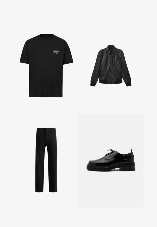 Sort læderjakke med frontlynlås, to lodrette lommer, ribbede manchetter og kant samt en klassisk krave.; Sort bomulds t-shirt med korte ærmer og rund hals. Har hvid tekst "ALLSAINTS" og "LONDON" på venstre brystområde.; Sorte skræddersyede bukser med flad front, lige ben, enkelt knaplukning og bæltestropper, lavet af et glat stof uden synlige mønstre.; Sort poleret læder snørestøvle med tyk gummisål og lav hæl, sideskilt med mærketekst "SAMSOE" og bageste træksnor.