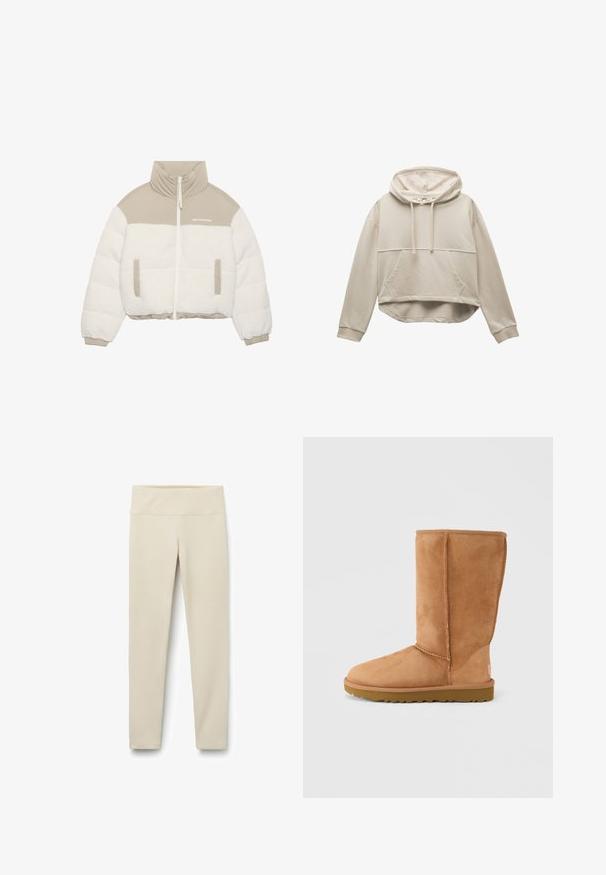 Chaqueta recortada con parte superior beige y parte inferior de felpa blanca y esponjosa. Presenta una cremallera en el frente, dos bolsillos laterales y un diseño de cuello alto.; Koton Jersey con capucha - beige; Leggings beige con una cinturilla alta y ancha, fabricados con una tela suave y elástica. Diseño de pierna recta sin costuras o patrones visibles.; Bota de ante marrón claro hasta media pantorrilla con suela gruesa y costuras visibles, mostrada desde el lado exterior sobre un fondo liso.