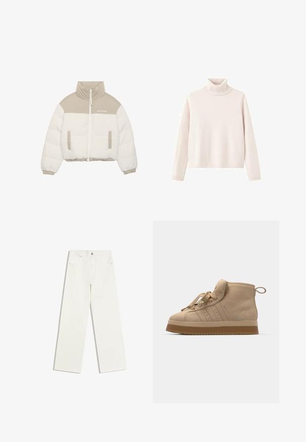 Korte jas met een beige bovenkant en een witte pluche fleece onderkant. Voorzien van een rits aan de voorkant, twee zijzakken en een hoge kraag.; Lichtroze coltrui van zacht gebreid materiaal, met ribbelkraag en -manchetten, in een ontspannen pasvorm en minimalistisch ontwerp.; Witte jeans met hoge taille en rechte pijpen, met voorzakken en een knoopsluiting op een witte achtergrond.; Beige suède high-top sneakers met een dikke rubberen zool, voorzien van een opvouwbare tong, ronde neus en decoratieve veters.