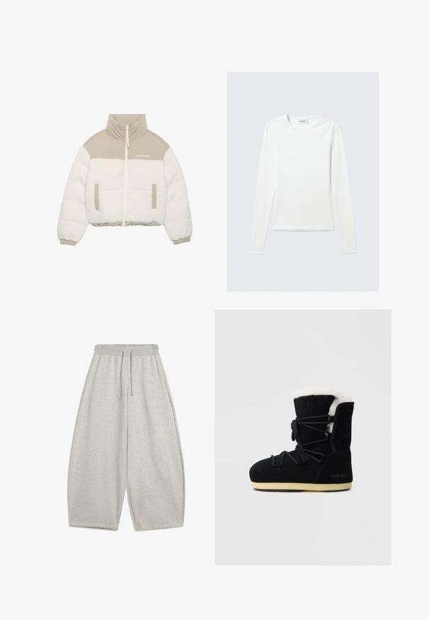 Forkortet jakke med en beige overdel og en hvid fluffy fleece nederdel. Har en lynlås foran, to sidelommer og et højt kravedesign.; Langærmet, enkel hvid T-shirt med rund halsudskæring og tætsiddende pasform, vist mod en lysegrå baggrund.; Lys grå brede sweatpants med elastisk talje og snørebånd, udstyret med sidelommer og afslappet pasform.; Sort ruskindsstøvle med hvid pelsfor, der har snørebånd foran, polstret ankelstøtte og gummisål for godt greb.
