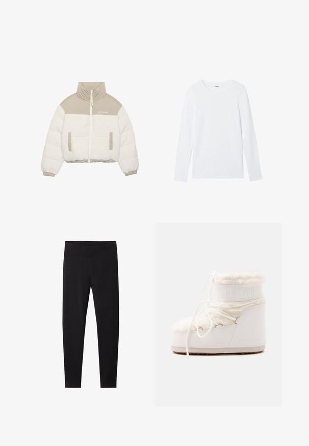 Chaqueta recortada con parte superior beige y parte inferior de felpa blanca y esponjosa. Presenta una cremallera en el frente, dos bolsillos laterales y un diseño de cuello alto.; Camisa blanca de manga larga hecha de algodón suave, con un escote redondo y sin patrones ni adornos. Diseño clásico y minimalista.; Leggings negros con una cinturilla elástica gruesa. Hechos de un material suave y elástico, ajustados para un silueta entallada y sin patrones visibles.; Bota de invierno blanca aislada con ribete de piel, suela gruesa, cordones laterales y logo en relieve "Moon Boot" en el lateral y el puño superior.