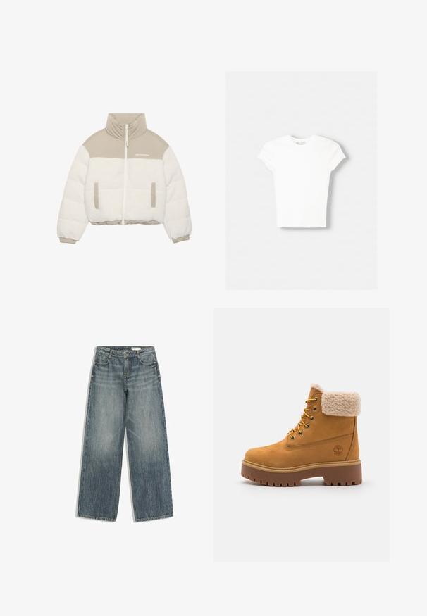 Korte jas met een beige bovenkant en een witte pluche fleece onderkant. Voorzien van een rits aan de voorkant, twee zijzakken en een hoge kraag.; Witte t-shirt met korte mouwen van zachte katoen, met een ronde halslijn en een getailleerde vorm. Geen zichtbare patronen of versieringen.; Blauwe denim jeans met wijde pijpen, voorzakken, riemlussen en vervaagde details op een witte achtergrond.; Tan suède laars met een nepbont kraag, gouden oogjes en een contrasterende rubberen zool. Voorzien van een logo op de zijkant en een gestructureerde loopvlak.
