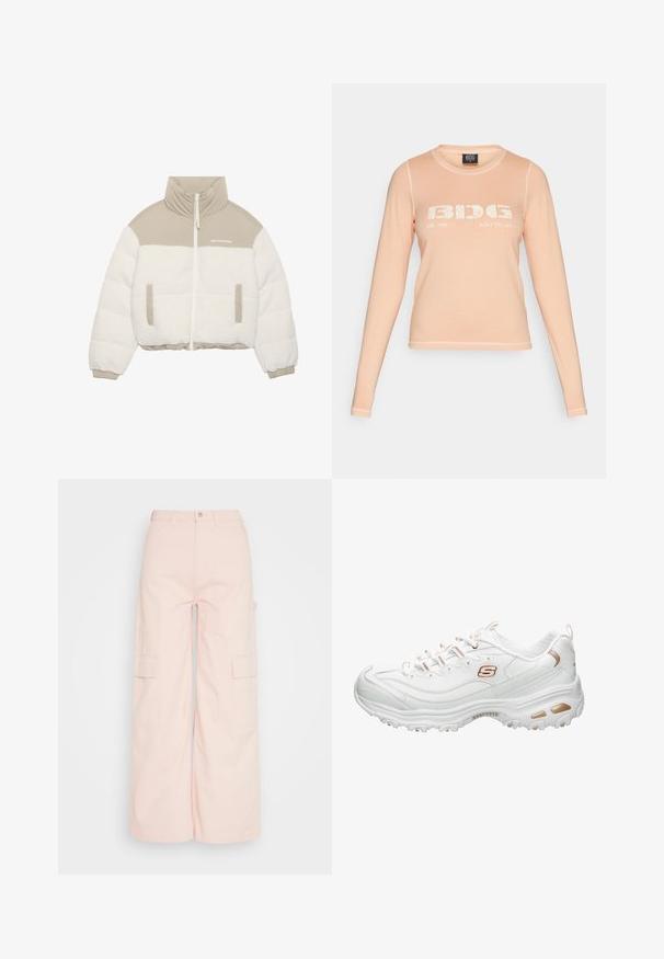 Chaqueta recortada con parte superior beige y parte inferior de felpa blanca y esponjosa. Presenta una cremallera en el frente, dos bolsillos laterales y un diseño de cuello alto.; Camiseta de manga larga en color durazno hecha de tela suave, con un estampado gráfico blanco que dice "BIDG EST. 1998 BUILT TO LAST" en el frente y costuras en contraste.; Weekday SIENNA TROUSER - Pantalones cargo - pink dusty light; Zapatilla deportiva blanca hecha de material sintético suave. Presenta detalles texturizados, adornos metálicos dorados, diseño con cordones y una suela acolchada.