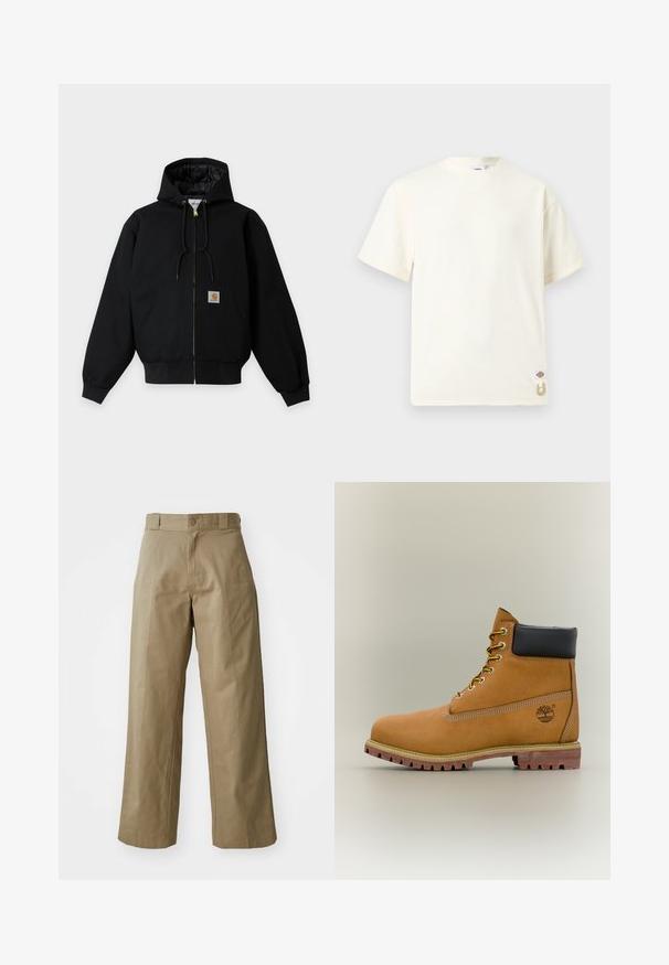 Sort lynlåstrøje med hætte, forlommer, snøre i hætten og lille rektangulært orange logo på lommen.; Enkelt off-white kortærmet bomuld T-shirt med rund hals, lille logomærke og beige snordetalje nær bundkanten.; Khaki bredde ben bukser lavet af bomuldsblandingsstof, med en enkelt knaplukning og synlige sidelommer. Glat tekstur, plisseret detalje.; Brun læderankelstøvle med sort krave, gule snørebånd og tanfarvet sål. Har logo og hvide syninger som detalje. Robust ydersål med greb.