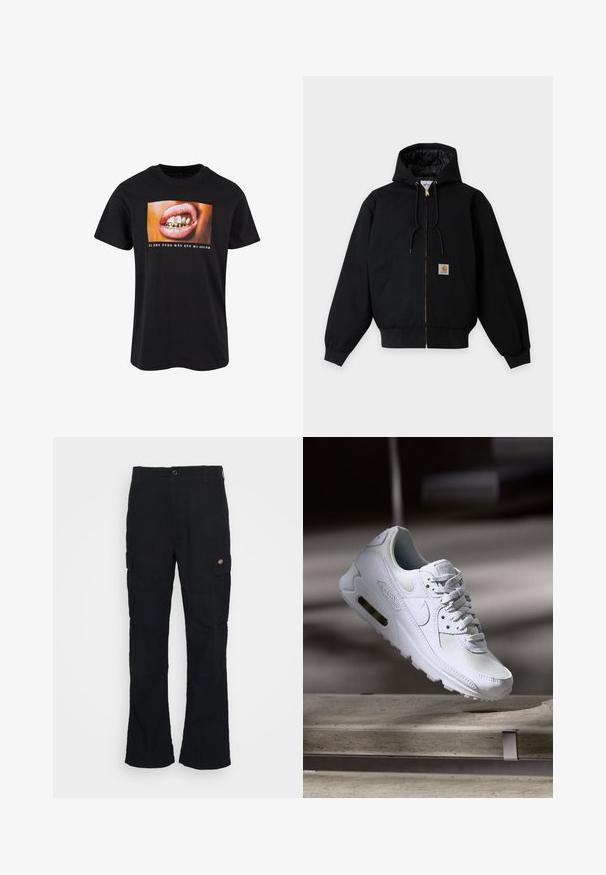 Sort lynlåstrøje med hætte, forlommer, snøre i hætten og lille rektangulært orange logo på lommen.; Sort bomulds t-shirt med et grafik af en åben mund med guld tænder og pink læber samt hvid tekst nedenunder på en farverig baggrund.; Sorte cargo bukser med lige ben-design, fremstillet af slidstærkt stof, med sidelommer og et patch-logo på venstre side.; Hvide Nike Air Max 90 sneakers med en overdel i mesh og læder, perforeret tåboks og en synlig luftenhed i hælen.