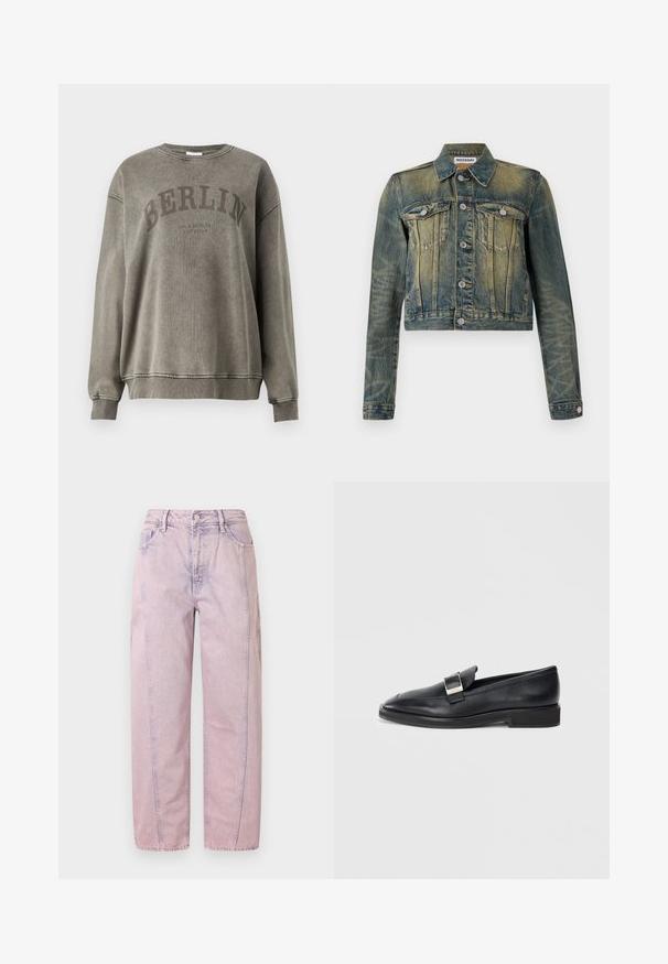 Veste en denim avec une finition bleu délavé, design cropped, deux poches poitrine et boutons en argent. Présente un col classique et des manches longues.; Sweatshirt en coton gris avec col rond, épaules tombantes et poignets côtelés. Présente "BERLIN" en grandes lettres foncées et une texture subtile.; Jean en denim lavande taille haute à jambes droites avec poches avant et arrière, passants pour ceinture et fermeture par bouton.; Mocassin en cuir noir avec une boucle rectangulaire en argent sur le dessus et un petit talon, sur fond blanc.