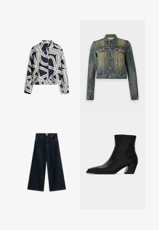 Veste en denim avec une finition bleu délavé, design cropped, deux poches poitrine et boutons en argent. Présente un col classique et des manches longues.; Chemise à motifs bleu marine et crème avec des manches longues, col et design abstrait; tissu en mélange de coton, coupe décontractée.; Jean large bleu foncé avec taille haute, design classique à cinq poches, couture visible et texture en denim lisse.; Bottine en cuir noir avec un bout pointu, une silhouette élégante et un talon carré massif. Texture lisse avec des détails de couture minimalistes.