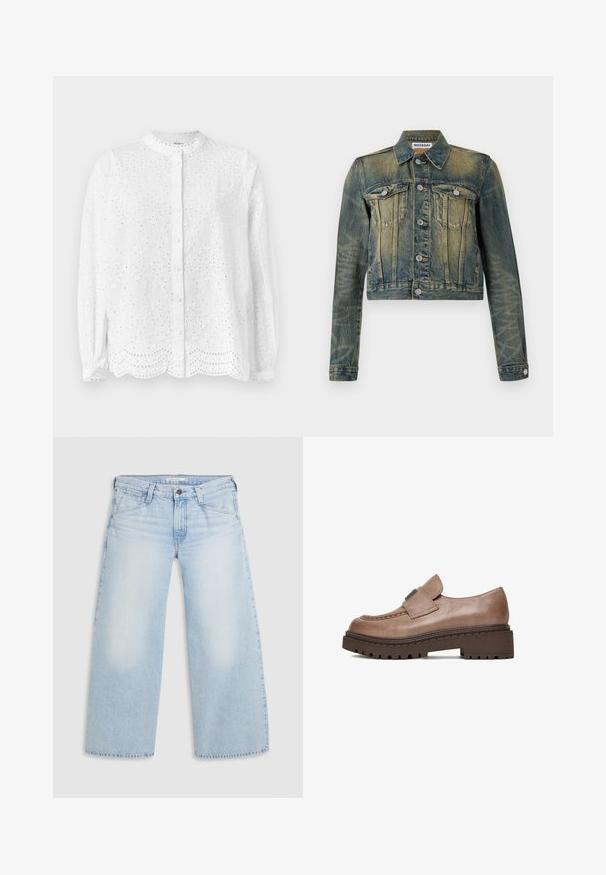 Faded sinise viimistlusega denimsärk, lühendatud disain, kaks rinna taskut ja hõbedased nupud. Omab klassikalist kraed ja pikki varrukasid.; Valge pluus ümmarguse kaeluse, pikkade varrukate ja nööpidega kinnitusega; sisaldab tikitud lõikeid ja lainelist äärist.; Helesinise värvi laiad teksapüksid, mis on valmistatud denimist. Omab sirget lõiget, viit taskut ning nööbiga kinnitust vööl.; Pruun nahast loafer paksu kummist tallaga, õmmeldud pealisega ja dekoratiivse rihmaga ees valgel taustal.