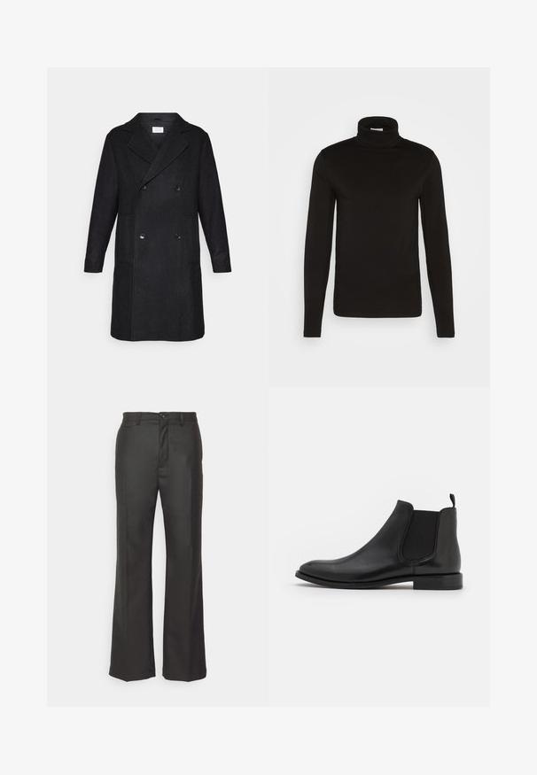 Sort uldblandings dobbeltradet frakke med klapkrave, to forlommer og et struktureret hørmønster.; Sort turtleneck langærmet skjorte lavet af et glat stof med en tætsiddende design og en høj, tætsiddende krave. Ingen mønstre eller accenter synlige.; forét Bukser - dark grey; Sorte læder Chelsea støvle med elastiske sidepaneler, en rund tå og en lav hæl. Glat tekstur med et minimalistisk design.