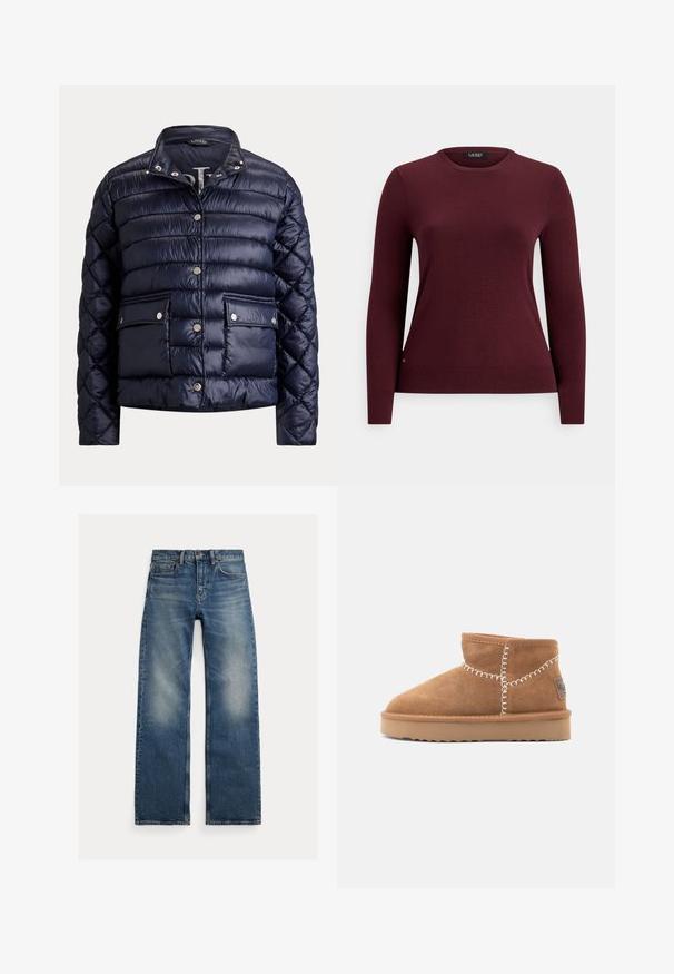 Marineblå quiltet dunjakke med trykknapper, to forlommelommer med klap og ståkrave.; Burgunderfarvet strikket sweater med lange ærmer, rund halsudskæring samt ribstrikkede manchetter og kant, vist mod en hvid baggrund.; Blå jeans med lige ben og falmede områder på lårene, fem-lommer design og knaplukning, lagt fladt på en hvid baggrund.; Brune ruskinds ankelstøvler med rund tå, hvid dekorativ syning og en tan gummisål med et zigzag-mønster.
