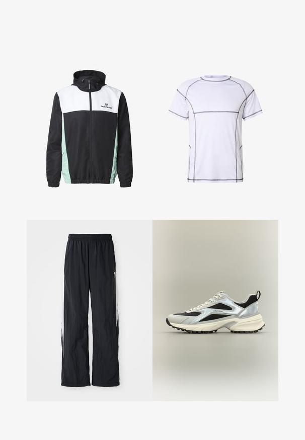 Čierna, biela a svetlozelená zipsová bunda s kapucňou a elastickými manžetami, s logom Sergio Tacchini na hrudi.; Biele atletické tričko s krátkym rukávom s čiernym kontrastným prešitím obrysujúcim švy na ramenách, rukávoch, hrudníku, stranách a leme.; Čierne nylonové teplákové nohavice s elastickým pásom, s bielymi bočnými panelmi a diskrétnym logom na prednej strane.; Nízke tenisky Calvin Klein s čiernou sieťovinou, striebornými prekrytiami, krémovou podrážkou a pútkom na päte, zobrazené z profilu.