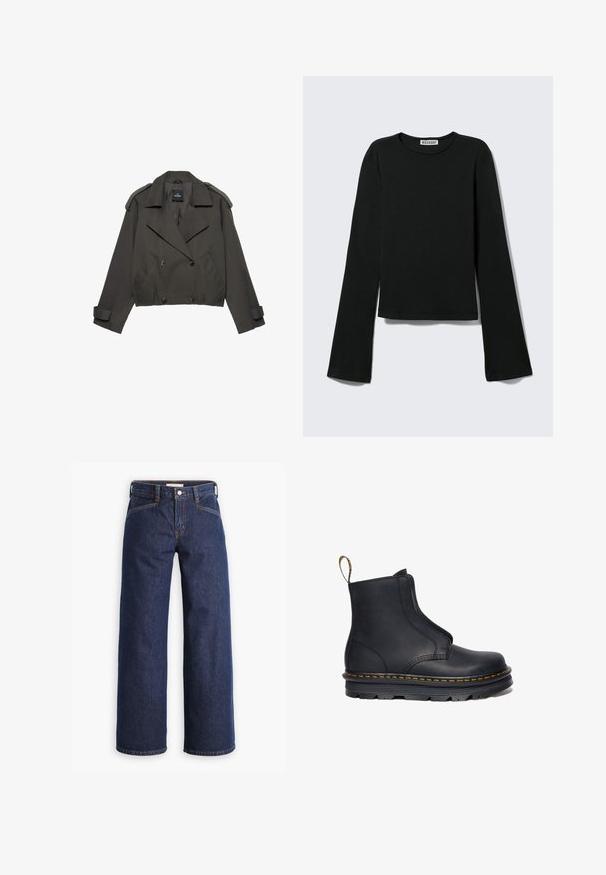 Dunkelgrauer, gekürzter Trenchcoat mit breiten Revers, doppelt geknöpft, Schulterklappen und Manschettenriemen.; Schwarzes Langarmshirt mit Rundhalsausschnitt, figurbetonter Silhouette und leicht ausgestellten Ärmeln, gekennzeichnet mit einem "Weekday" Markenetikett im Nacken.; Dunkelblaue Jeans mit hoher Taille, weitem Bein und dezentem orangem Nähgarn. Mit einer Frontknopf- und Reißverschlussöffnung.; Schwarze Leder-Stiefelette mit elastischen seitlichen Einsätzen, runder Zehenform, kontrastierenden gelben Nähten und einer robusten Gummisohle.