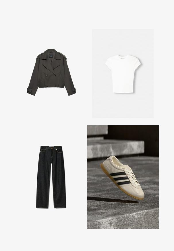 Dunkelgrauer, gekürzter Trenchcoat mit breiten Revers, doppelt geknöpft, Schulterklappen und Manschettenriemen.; Weißes kurzärmliges T-Shirt aus weicher Baumwolle, mit Rundhalsausschnitt und figurbetonter Form. Keine sichtbaren Muster oder Verzierungen.; Dunkelblaue Jeans mit geradem Schnitt, Messingknopfverschluss und kontrastierenden gelben Nähten. Verfügt über fünf Taschen und eine klassische Passform.; Weißer Sneaker mit schwarzen Streifen und Gummisohle schwebt über Betontreppen im sanften Tageslicht.