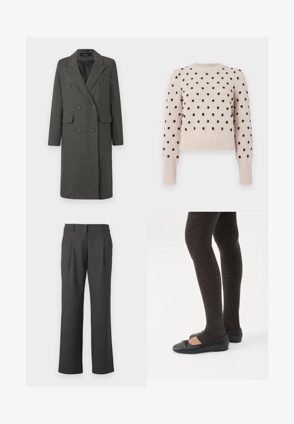 Manteau gris à carreaux pied-de-poule à double boutonnage, avec revers crantés, deux poches avant et doublure noire. Comprend six boutons et un design hauteur genoux.; Pull léger beige avec des pois noirs, col rond côtelé et poignets, texture douce, coupe courte et manches longues.; Pantalons formels gris foncé avec des jambes droites, des passants de ceinture et des plis avant, présentés sur un fond blanc.; Jambes portant des leggings côtelés foncés associés à des ballerines noires avec de petits détails en nœud sur fond blanc.