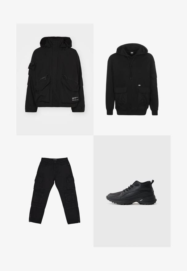 Chaqueta impermeable negra con un cuello alto, múltiples bolsillos con cremallera y cordones ajustables en la capucha y el dobladillo.; Sudadera negra de tela suave, con capucha ajustable, bolsillos frontales y un parche de logo en el área del pecho izquierdo.; Pantalones cargo negros hechos de tela duradera, con múltiples bolsillos cargo, tobillos con cremallera y piernas rectas con sutiles detalles de costura.; Zapatillas deportivas negras hechas de material sintético. Presentan un cuello acolchado, puntera redonda, suela resistente con tracción y detalle del logo de la marca.