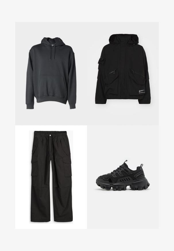 Veste noire imperméable avec un haut col, plusieurs poches zippées et des cordons réglables sur la capuche et l'ourlet.; Haut à capuche gris foncé en tissu doux, avec une poche avant, des cordons de serrage à la capuche, et des poignets et un ourlet côtelés.; Pantalons cargo noirs avec taille élastique, fermeture à bouton et fermeture éclair, et plusieurs poches à rabat avec boutons à l'avant et sur les côtés.; Baskets de sport noires avec une semelle en caoutchouc texturé, des éléments de design en couches et des accents renforcés. Équipées de lacets et d'une languette au niveau du talon.