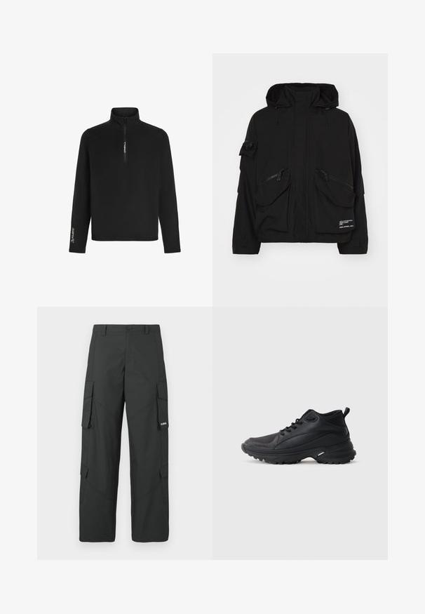 Veste noire imperméable avec un haut col, plusieurs poches zippées et des cordons réglables sur la capuche et l'ourlet.; Le pull en molleton noir présente un col zippé sur un quart, des manches longues et un logo Polartec sur la manche gauche pour une isolation et un confort optimal.; Pantalons cargo noirs à jambes droites avec poches latérales à rabat, fermeture à bouton, passants de ceinture et petit logo blanc sur le rabat de la poche droite.; Chaussures de sport noires en matériau synthétique. Dotées d'un col rembourré, d'un embout rond, d'une semelle extérieure robuste avec traction, et d'un détail avec le logo de la marque.