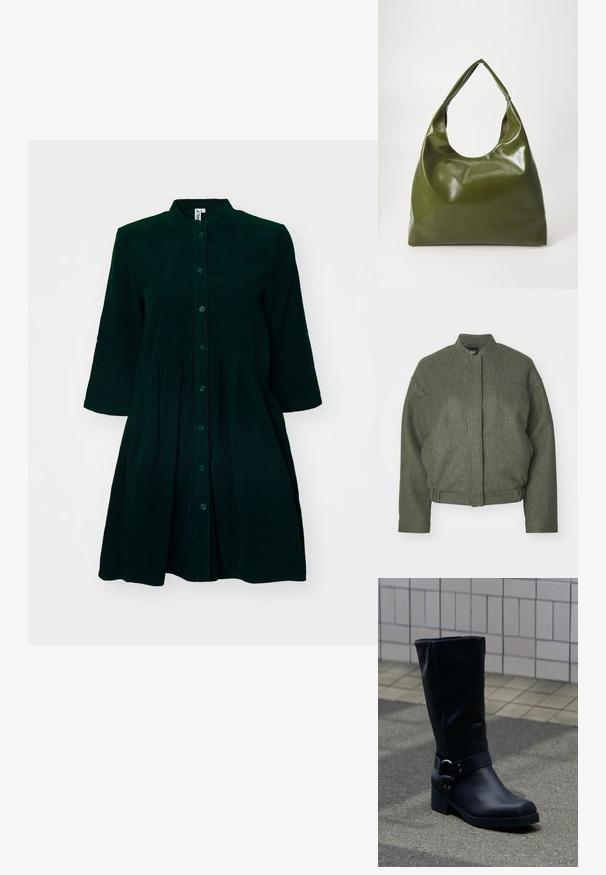 Chaqueta de mezcla de lana verde con cuello alzado, corte amplio, bajo cortado y dos bolsillos frontales. Tejido texturizado con detalles de costura mínimos.; Vestido de pana verde oscuro con un frente abotonado, cuello mao, mangas a tres cuartos y cintura fruncida para mayor detalle.; Bota negra de cuero hasta la mitad de la pantorrilla con un tacón bajo de bloque y una correa decorativa con hebilla metálica alrededor del tobillo, sobre un pavimento de baldosas.; Bolsa hobo verde de cuero con un diseño suave, asa curvada y textura lisa. No contiene hardware visible ni acentos.