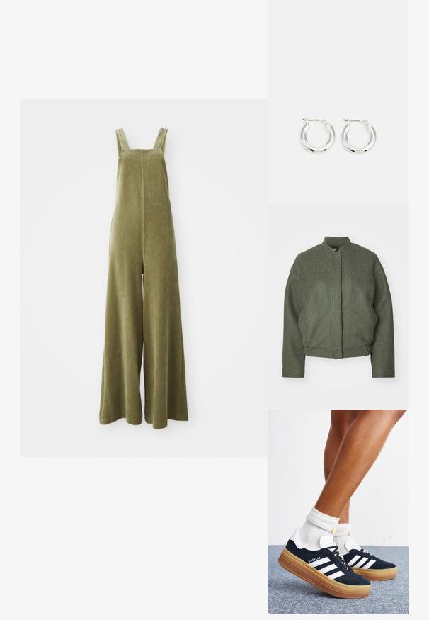 Grøn uldblandingsjakke med opretstående krave, boxy fit, cropped kant og to frontlommer. Tekstureret stof med minimale syninger.; Olivengrønne fløjlsoveraller med brede ben, justerbare stropper og en tekstureret overflade. Simpelt design, ingen synlige mønstre eller hardware.; Ben iført hvide sokker og sorte Adidas Gazelle sneakers med hvide striber og tykke brune såler på et gråt tæppe.; Sølv hoop-øreringe med en poleret finish, der har en cirkulær form og en hængslet lukning. Glat tekstur med minimal detaljering.