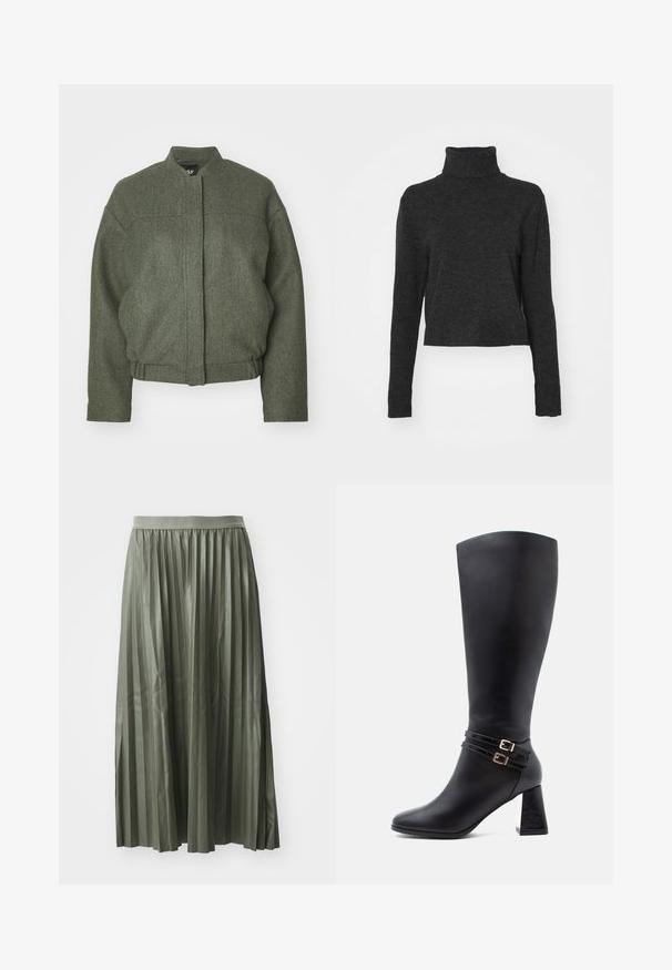 Grøn uldblandingsjakke med opretstående krave, boxy fit, cropped kant og to frontlommer. Tekstureret stof med minimale syninger.; Sort cropped turtlenektrøje i et blødt, struktureret stof med lange ærmer og ribbede detaljer ved kraven og kanten.; Plisseret midi-nederdel i dæmpet grøn, lavet af glat stof. Har en elastisk talje og falder til midt på læggen med jævnt fordelte lodrette plisseringer.; Knæhøj sort læderstøvle med spids tå, to dekorative remme med gyldne spænder og en kraftig, tekstureret hæl.