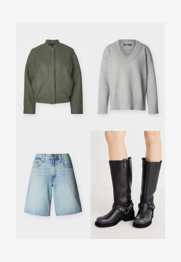Veste en mélange de laine verte avec col montant, coupe oversized, ourlet court et deux poches avant. Tissu texturé avec des détails de couture minimaux.; Pull en maille gris clair avec col en V, poignets et ourlet côtelés, présenté sur un fond blanc uni.; Shorts en denim bleu clair avec poches avant, passants pour ceinture, fermeture par bouton, et effet délavé.; Bottes en cuir noir à hauteur de genou avec une tige large, des détails à lanière, une quincaillerie en argent et une semelle plate. Texture lisse avec un léger éclat.