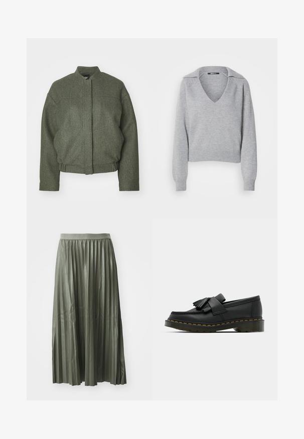 Grøn uldblandingsjakke med opretstående krave, boxy fit, cropped kant og to frontlommer. Tekstureret stof med minimale syninger.; Grå strikket trøje med V-hals og krave, featuring lange ærmer og ribbede manchetter. Blød tekstur, cropped design, minimal detaljer.; Plisseret midi-nederdel i dæmpet grøn, lavet af glat stof. Har en elastisk talje og falder til midt på læggen med jævnt fordelte lodrette plisseringer.; Sorte læder loafers med rund tå, der har frynse detaljer og et dekorativt bånd på tværs af fronten, sat på en kraftig hæl.
