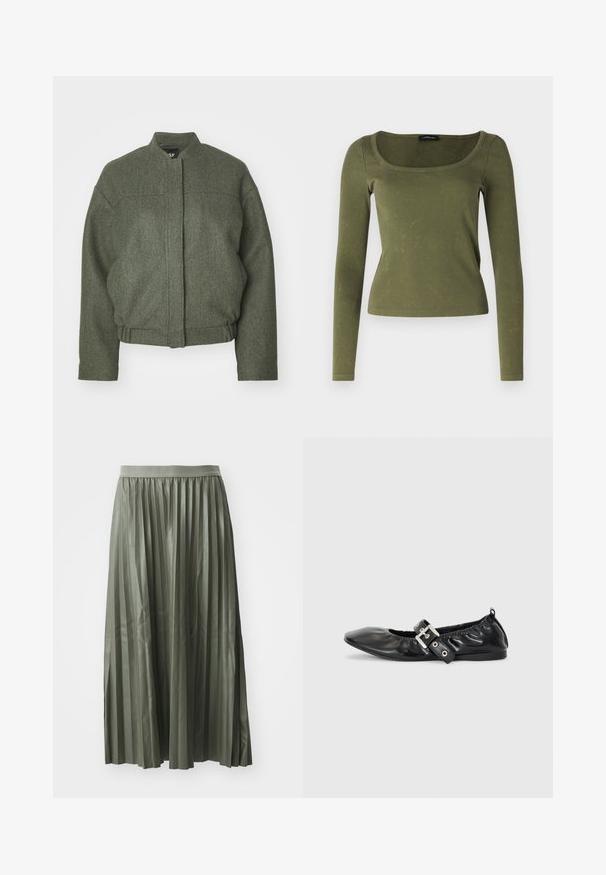 Grüne Wollmischung Jacke mit Stehkragen, lässiger Passform, gekürztem Saum und zwei vorderen Taschen. Strukturiertes Material mit minimalen Nähdetails.; Olivenfarbene Langarmbluse aus geripptem Stoff, mit einem quadratischen Ausschnitt und taillierter Passform. Auffällige Textur mit dezenten Mustern.; Faltender Midi-Rock in gedämpftem Grün, aus glänzendem Stoff. Verfügt über einen elastischen Taillenbund und fällt bis zur Wade mit gleichmäßig verteilten vertikalen Falten.; Schwarze Leder-Ballerinas mit spitzem Zehenbereich, gerafften Details am Schaft und einem silbernen Schnallenakzent am verstellbaren Riemen.
