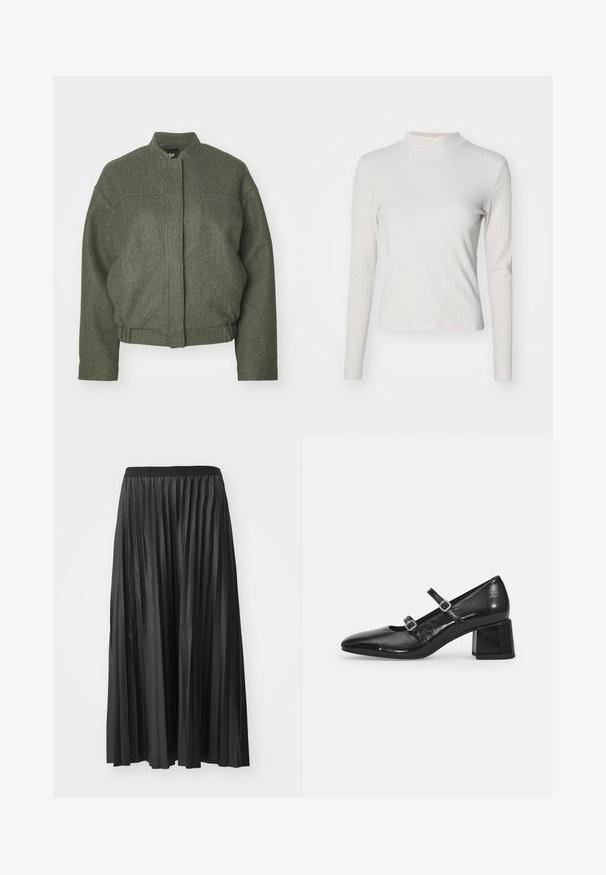 Chaqueta de mezcla de lana verde con cuello alzado, corte amplio, bajo cortado y dos bolsillos frontales. Tejido texturizado con detalles de costura mínimos.; Top de manga larga en beige claro con textura acanalada, cuello alto simulado y textura suave, con un corte ajustado y detalles de diseño mínimos.; Falda larga negra plisada con una textura suave y cinturilla elástica, que presenta pliegues verticales que crean volumen y movimiento.; Zapatos Mary Jane de charol negro con punta afilada, dos correas ajustables y tacón cuadrado grueso. Textura suave y acabado brillante.
