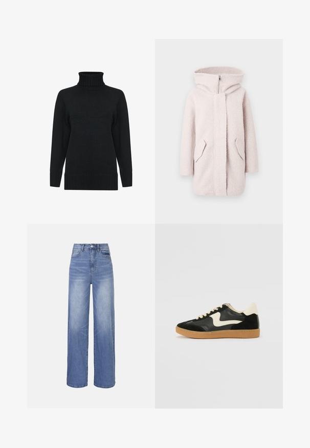 Lyserød fleecejakke med hætte, der har en frontlynlås og to skrå lommer. Stoffet har en blød, tekstureret overflade.; Sort turtleneck sweater lavet af strukturstrikket stof, med lange ærmer og ribbet manchetter og kant. Enkel, klassisk design.; Lyseblå denim bukser med vide ben og høj talje, knaplukning og forlommer. Har en falmet vask og subtile krøller.; Sorte ruskinds- og lædersneakers med en cremefarvet side-swoosh og lys cremefarvet hæl. Har beige snørebånd og en gummirubber-sål.
