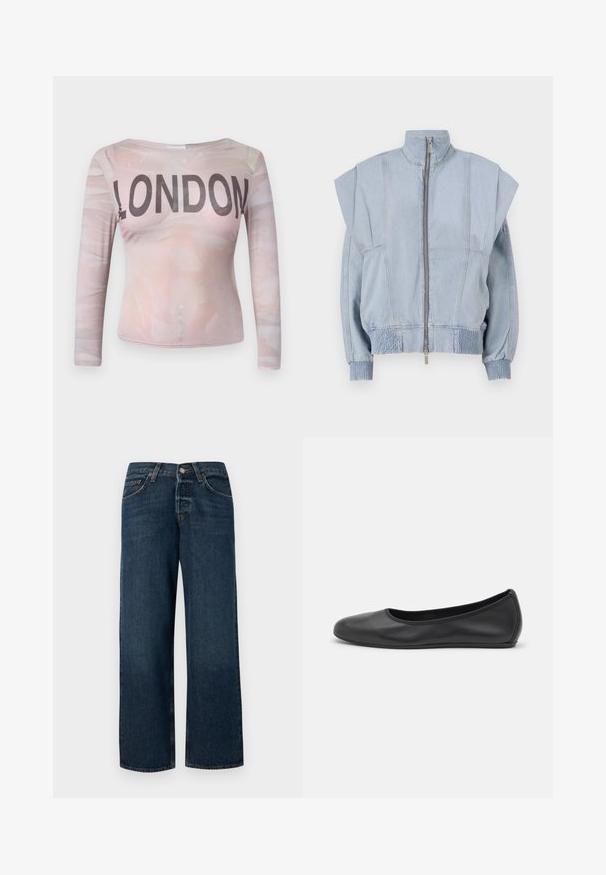 Veste en denim bleu clair avec un col montant, fermeture éclair et épaules larges. Dispose de poignets froncés et d'une taille smockée pour un ajustement près du corps.; T-shirt à manches longues avec un motif abstrait rose clair et "LONDON" imprimé en lettres noires en gras sur la poitrine. Tissu extensible.; Jeans en denim bleu foncé avec une coupe droite, cinq poches et quincaillerie en métal. Présente une légère décoloration et un ourlet soigné.; Ballerines en cuir noir avec un bout rond, texture lisse, détails de couture minimalistes et design de semelle flexible.