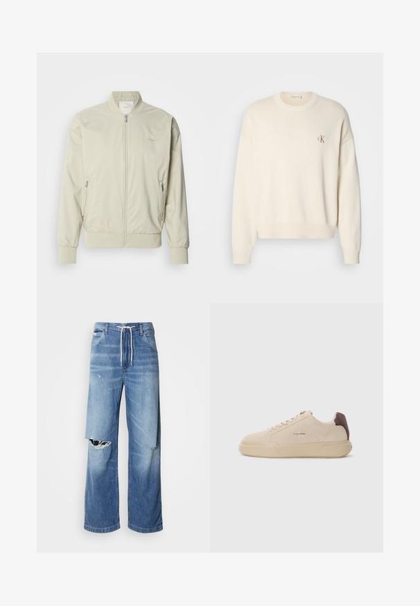 Heled beige bomber-jakk, mis on valmistatud siledast ja kergest materjalist. Omab lukk eest, soonikvarrukaid ja küljetaskuid. Diskreetne logo detail.; Kreemivärvi kootud sviiter ribidega tekstuuriga, ümar kaelus ja langevad õlad. Esiküljel on väike pruuni värvi tikandlogoga. ; Hele sinise denimist püksid laia lõikega, millel on valgest nöörist vöö ja eristuvad rebenemised ees, paljastades hargnevad servad.; Beige nabukist kingad ümmarguse nina, paeltega esiosas ja pruuni nabukist aktsendiga kanna osas. Omab tekstuuriga kummist tallat.