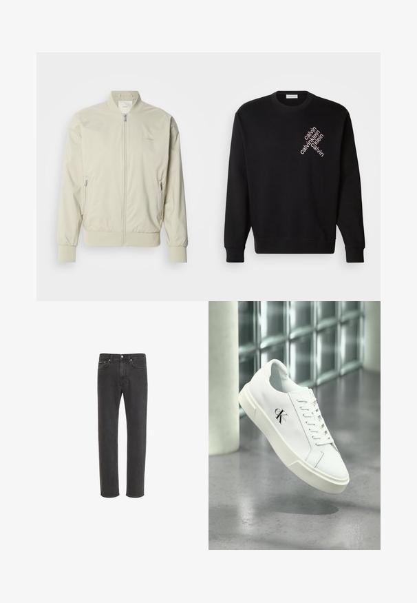 Veste bomber beige clair en matériau lisse et léger. Dotée d'une fermeture éclair à l'avant, de poignets côtelés et de poches latérales. Détail de logo discret.; Sweatshirt noir en coton, avec un col rond et des manches longues. Logo en texte diagonal rose clair bien visible à l'avant.; Jean en denim noir à coupe droite avec fermeture avant par bouton et zip, poches avant et arrière, présenté sur fond blanc.; Baskets blanches Calvin Klein avec lacets, présentées en suspension au-dessus d'un sol en béton poli et d'un mur en blocs de verre en arrière-plan.